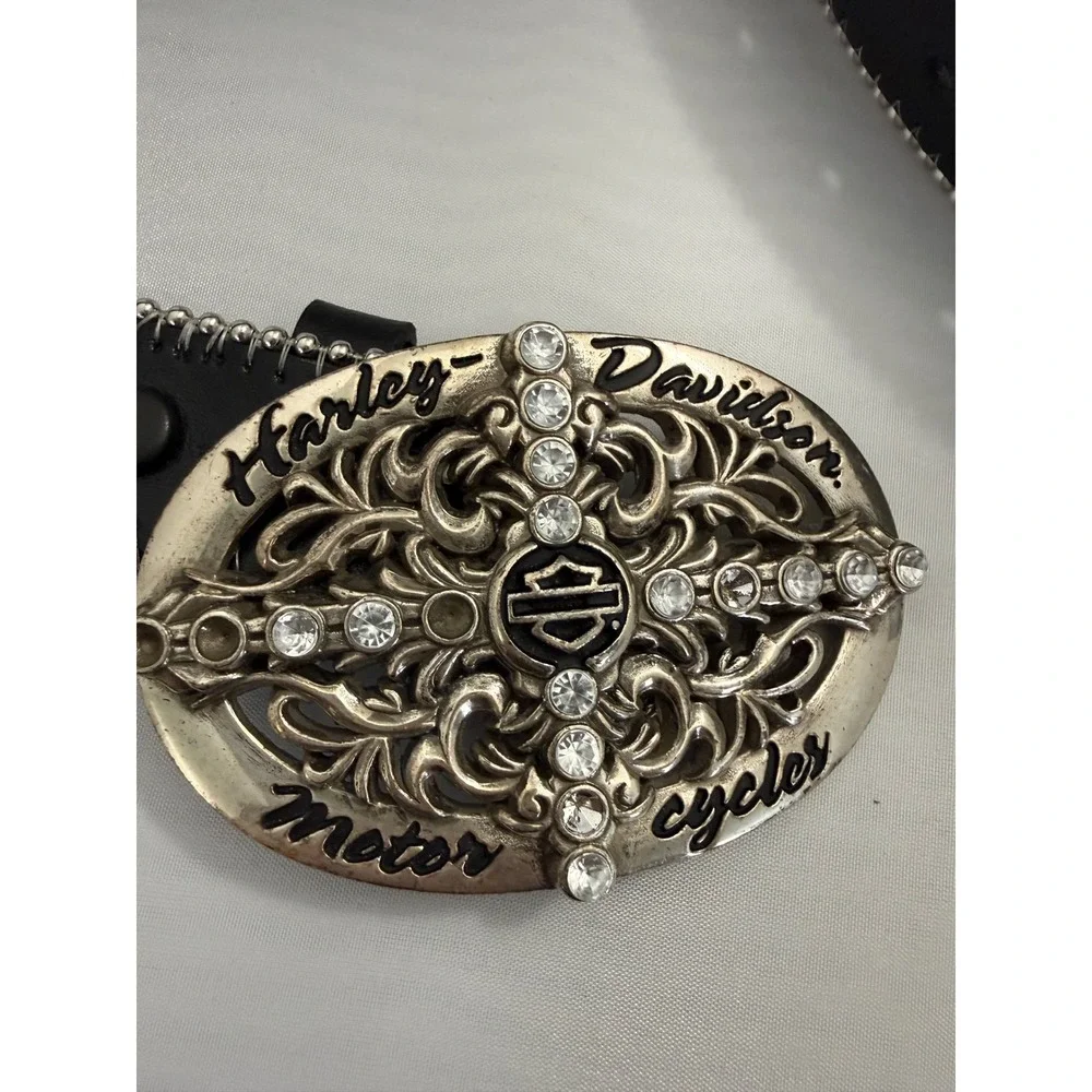 Harley Davidson Rhinestone Filigree Belt Genuine Leather 3W Black Large Buckle